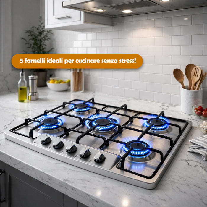Piano Cottura Acciaio Inox 75 cm con Griglia e Bruciatori in Ghisa 5 Fornelli