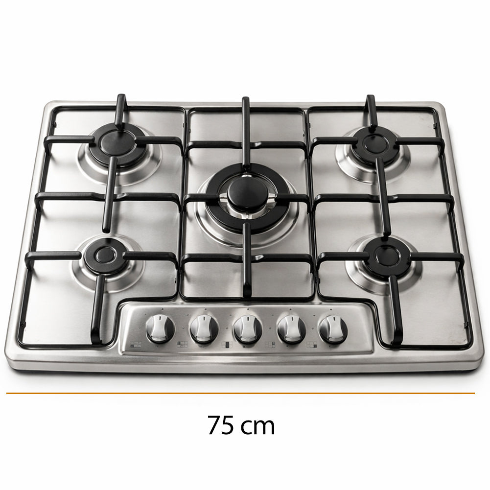 Piano Cottura Acciaio Inox 75 cm con Griglia e Bruciatori in Ghisa 5 Fornelli
