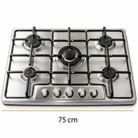 Piano Cottura Acciaio Inox 75 cm con Griglia e Bruciatori in Ghisa 5 Fornelli