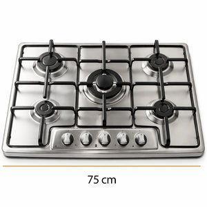 Piano Cottura Acciaio Inox 75 cm con Griglia e Bruciatori in Ghisa 5 Fornelli