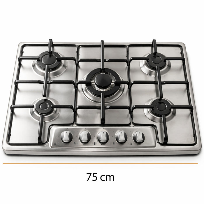 Piano Cottura Acciaio Inox 75 cm con Griglia e Bruciatori in Ghisa 5 Fornelli