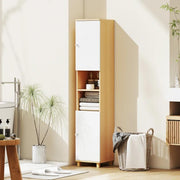 COLONNA BAGNO CON 2 ARMADIETTI E RIPIANI APERTI, MENSOLE INTERNE REGOLABILI, 30X30X166 CM, BIANCO E LEGNO