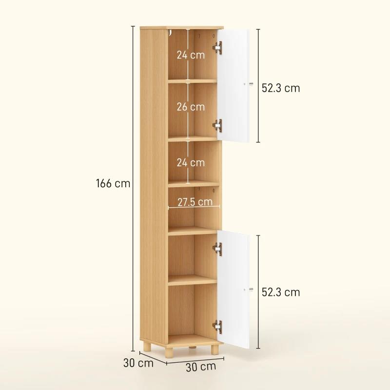 COLONNA BAGNO CON 2 ARMADIETTI E RIPIANI APERTI, MENSOLE INTERNE REGOLABILI, 30X30X166 CM, BIANCO E LEGNO