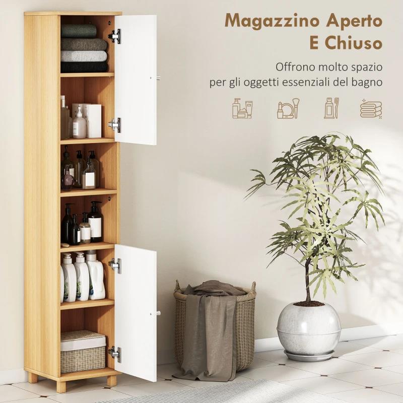 COLONNA BAGNO CON 2 ARMADIETTI E RIPIANI APERTI, MENSOLE INTERNE REGOLABILI, 30X30X166 CM, BIANCO E LEGNO