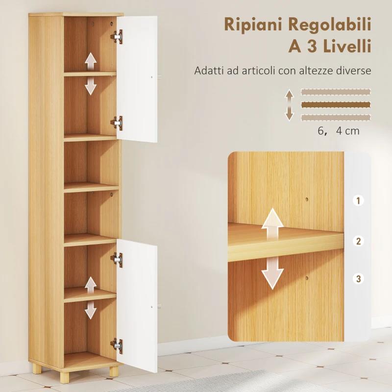 COLONNA BAGNO CON 2 ARMADIETTI E RIPIANI APERTI, MENSOLE INTERNE REGOLABILI, 30X30X166 CM, BIANCO E LEGNO