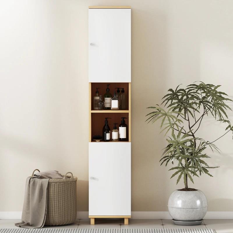 COLONNA BAGNO CON 2 ARMADIETTI E RIPIANI APERTI, MENSOLE INTERNE REGOLABILI, 30X30X166 CM, BIANCO E LEGNO