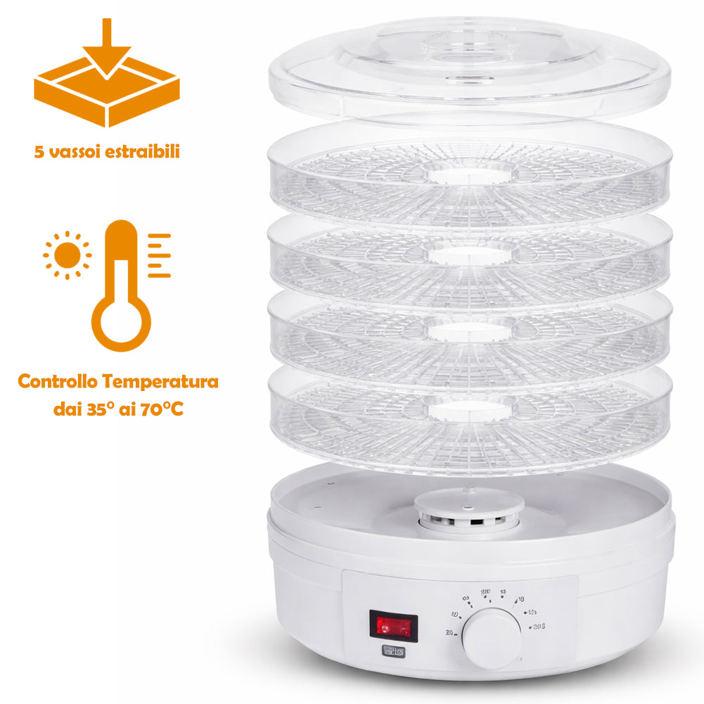 Mini Essiccatore Elettrico per Cibo e Fiori con 5 Scomparti e Coperchio 35°-70°