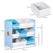 MOBILETTO PORTAGIOCHI CON 9 CESTINI RIMOVIBILI IN MDF E TESSUTO, 63X30X60CM, AZZURRO