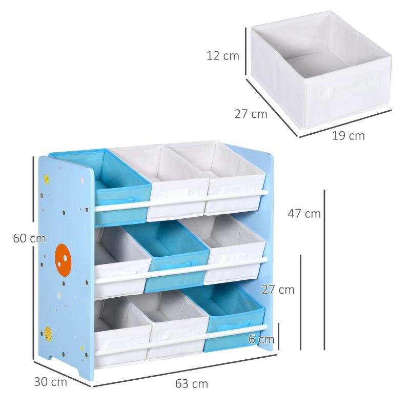 MOBILETTO PORTAGIOCHI CON 9 CESTINI RIMOVIBILI IN MDF E TESSUTO, 63X30X60CM, AZZURRO
