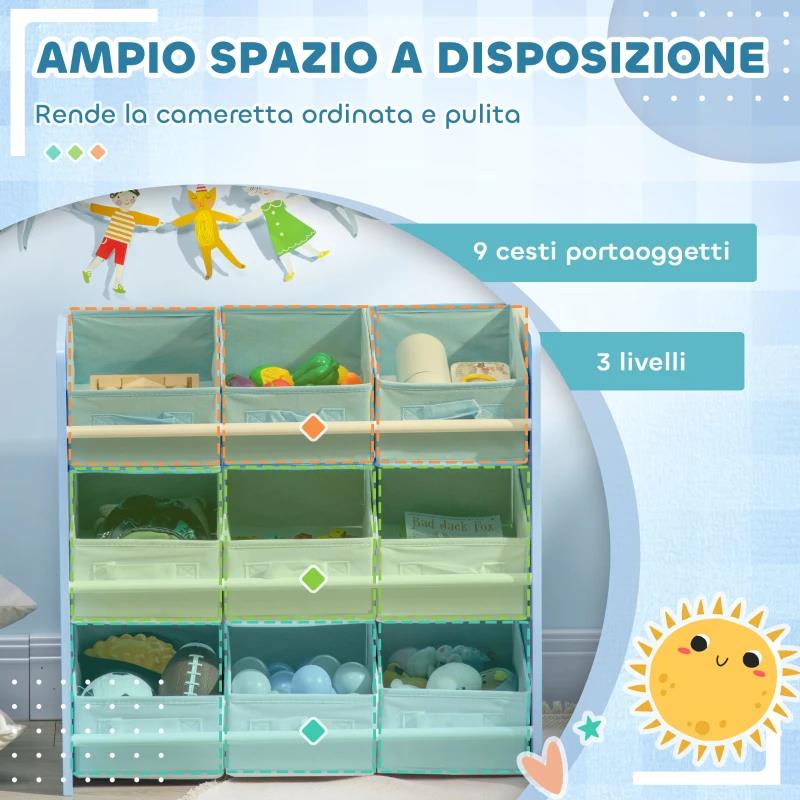 MOBILETTO PORTAGIOCHI CON 9 CESTINI RIMOVIBILI IN MDF E TESSUTO, 63X30X60CM, AZZURRO