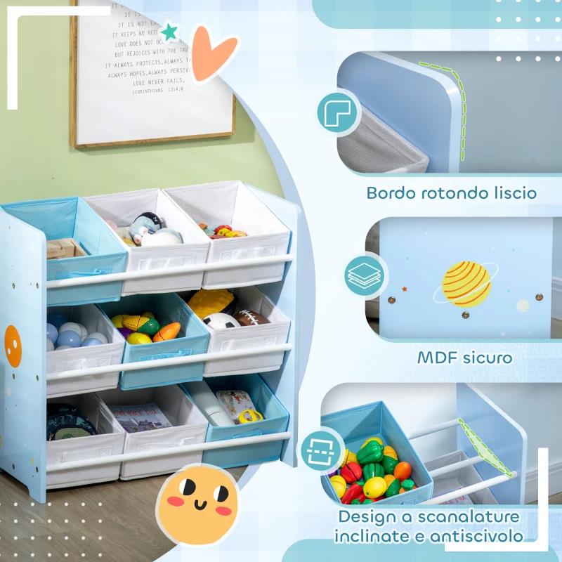 MOBILETTO PORTAGIOCHI CON 9 CESTINI RIMOVIBILI IN MDF E TESSUTO, 63X30X60CM, AZZURRO