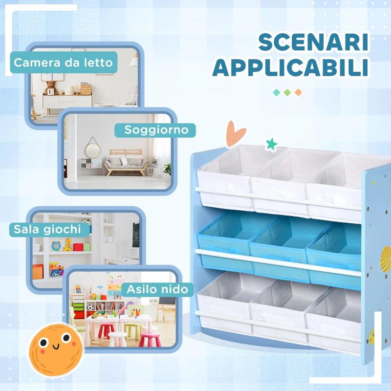 MOBILETTO PORTAGIOCHI CON 9 CESTINI RIMOVIBILI IN MDF E TESSUTO, 63X30X60CM, AZZURRO