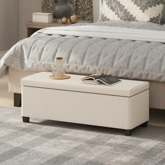 PANCA FONDO LETTO CON SPAZIO CONTENITORE DA 84L, IN TESSUTO EFFETTO VELLUTO A COSTE E ACCIAIO, 112X42X40 CM, BEIGE