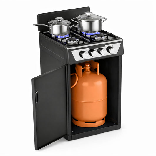 Cucina a Gas 4 Guochi da Esterni con Portabombola e Paravento Compatta Nero