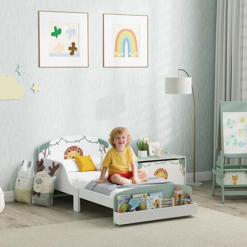 LETTO PER BAMBINI 3-8 ANNI BASSO IN LEGNO CON SPAZIO CONTENITORE E SPONDE LATERALI, 150X77X60 CM, VERDE
