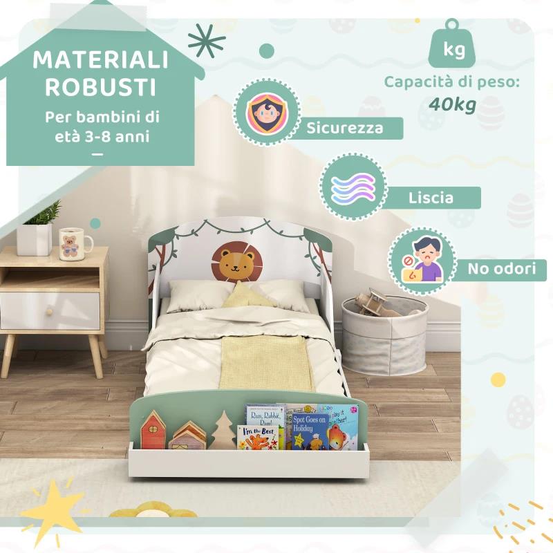 LETTO PER BAMBINI 3-8 ANNI BASSO IN LEGNO CON SPAZIO CONTENITORE E SPONDE LATERALI, 150X77X60 CM, VERDE