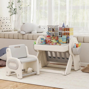 TAVOLO MULTIUSO PER BAMBINI CON RIPIANO CONTENITORE E CASSETTI, IN HDPE E PP, GRIGIO E BIANCO
