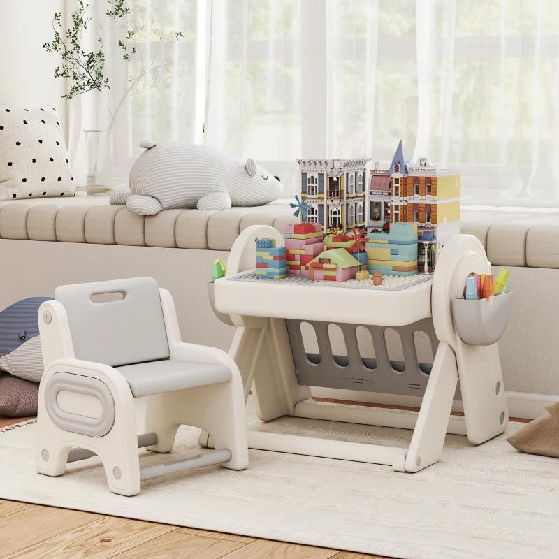 TAVOLO MULTIUSO PER BAMBINI CON RIPIANO CONTENITORE E CASSETTI, IN HDPE E PP, GRIGIO E BIANCO