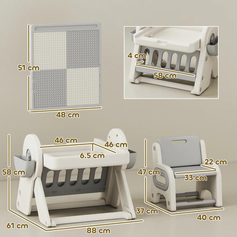 TAVOLO MULTIUSO PER BAMBINI CON RIPIANO CONTENITORE E CASSETTI, IN HDPE E PP, GRIGIO E BIANCO