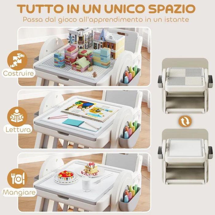 TAVOLO MULTIUSO PER BAMBINI CON RIPIANO CONTENITORE E CASSETTI, IN HDPE E PP, GRIGIO E BIANCO