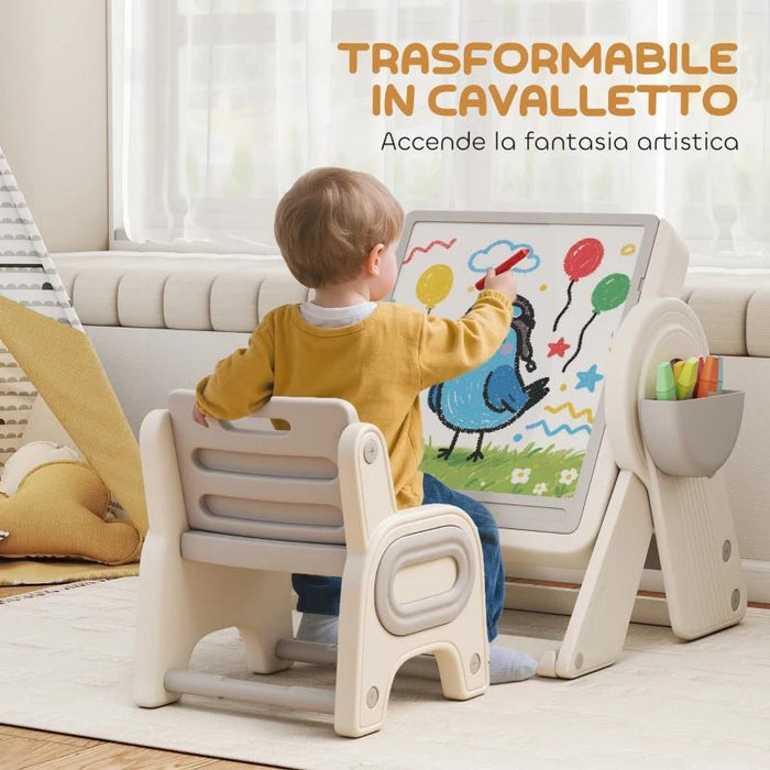 TAVOLO MULTIUSO PER BAMBINI CON RIPIANO CONTENITORE E CASSETTI, IN HDPE E PP, GRIGIO E BIANCO