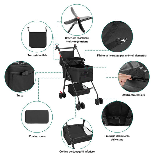 Passeggino per Animali Domestici Cestello Rimovibile Carrozzina Cani Gatti Nero