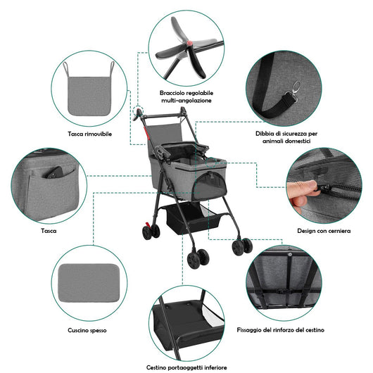 Passeggino per Animali Domestici Cestello Rimovibile Carrozzina Cani Gatti Grigio