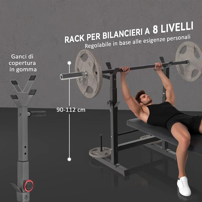 PANCA PESI PIEGHEVOLE CON 8 ALTEZZE REGOLABILI E SUPPORTO BILANCIERE IN ACCIAIO E PU, 140X73X98-122 CM, GRIGIO