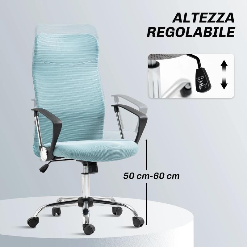 SEDIA ERGONOMICA DA UFFICIO GIREVOLE, ALTEZZA REGOLABILE E SCHIENALE A RETE, 63X65X109-119 CM, VERDE CHIARO