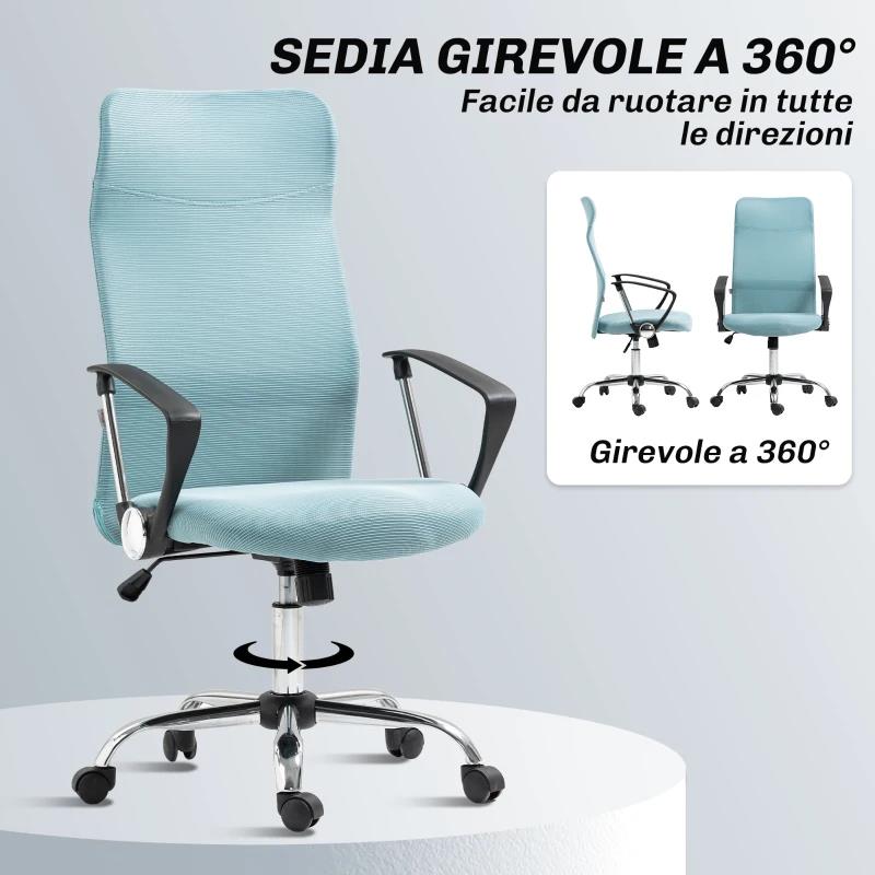 SEDIA ERGONOMICA DA UFFICIO GIREVOLE, ALTEZZA REGOLABILE E SCHIENALE A RETE, 63X65X109-119 CM, VERDE CHIARO