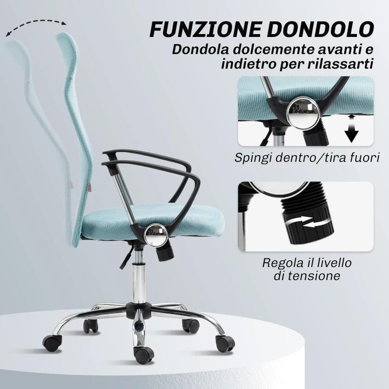 SEDIA ERGONOMICA DA UFFICIO GIREVOLE, ALTEZZA REGOLABILE E SCHIENALE A RETE, 63X65X109-119 CM, VERDE CHIARO
