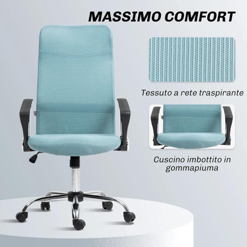 SEDIA ERGONOMICA DA UFFICIO GIREVOLE, ALTEZZA REGOLABILE E SCHIENALE A RETE, 63X65X109-119 CM, VERDE CHIARO