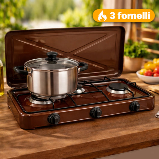 Fornello Cucina Gas 3 Fuochi Fornelli Colore Marrone e Pomelli Regolabili GPL