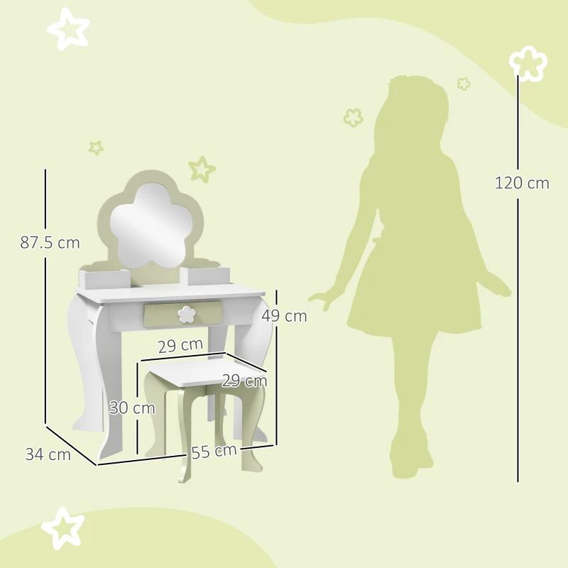 SET TOELETTA PER BAMBINA CON SPECCHIO TRUCCO E SGABELLO ABBINATO IN LEGNO, CASSETTO E CONTENITORI, BIANCO