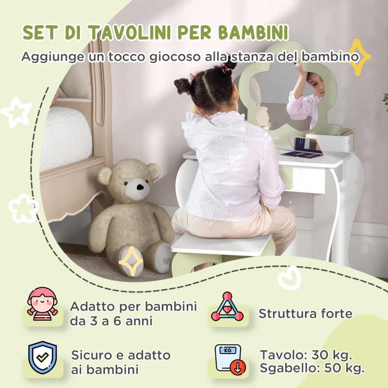 SET TOELETTA PER BAMBINA CON SPECCHIO TRUCCO E SGABELLO ABBINATO IN LEGNO, CASSETTO E CONTENITORI, BIANCO