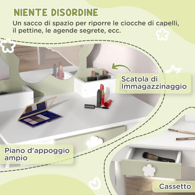 SET TOELETTA PER BAMBINA CON SPECCHIO TRUCCO E SGABELLO ABBINATO IN LEGNO, CASSETTO E CONTENITORI, BIANCO