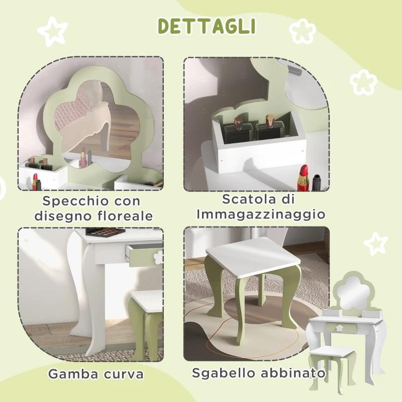 SET TOELETTA PER BAMBINA CON SPECCHIO TRUCCO E SGABELLO ABBINATO IN LEGNO, CASSETTO E CONTENITORI, BIANCO