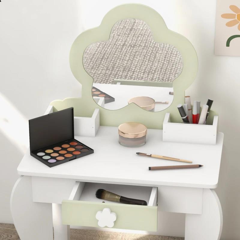 SET TOELETTA PER BAMBINA CON SPECCHIO TRUCCO E SGABELLO ABBINATO IN LEGNO, CASSETTO E CONTENITORI, BIANCO
