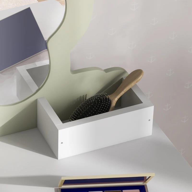 SET TOELETTA PER BAMBINA CON SPECCHIO TRUCCO E SGABELLO ABBINATO IN LEGNO, CASSETTO E CONTENITORI, BIANCO