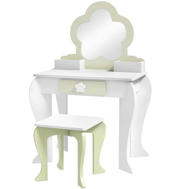 SET TOELETTA PER BAMBINA CON SPECCHIO TRUCCO E SGABELLO ABBINATO IN LEGNO, CASSETTO E CONTENITORI, BIANCO