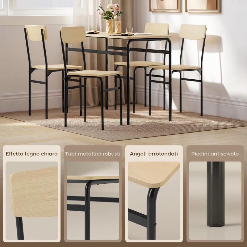 SET DA PRANZO 5 PEZZI CON TAVOLO RETTANGOLARE E 4 SEDIE DA PRANZO, IN LEGNO E METALLO, NERO E COLOR LEGNO