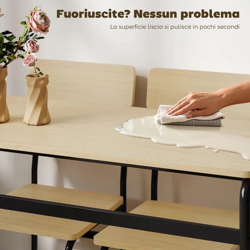 SET DA PRANZO 5 PEZZI CON TAVOLO RETTANGOLARE E 4 SEDIE DA PRANZO, IN LEGNO E METALLO, NERO E COLOR LEGNO