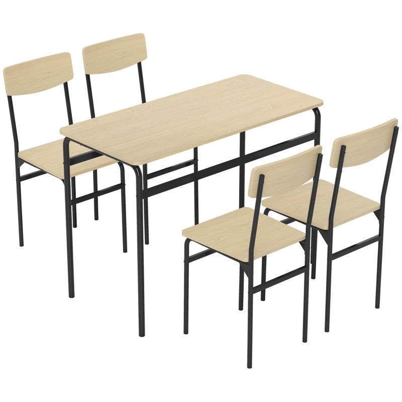 SET DA PRANZO 5 PEZZI CON TAVOLO RETTANGOLARE E 4 SEDIE DA PRANZO, IN LEGNO E METALLO, NERO E COLOR LEGNO