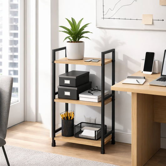 Mobile Scaffale Industrial 3 Ripiani Metallo Nero Legno Mdf Rovere 29x24 H80cm