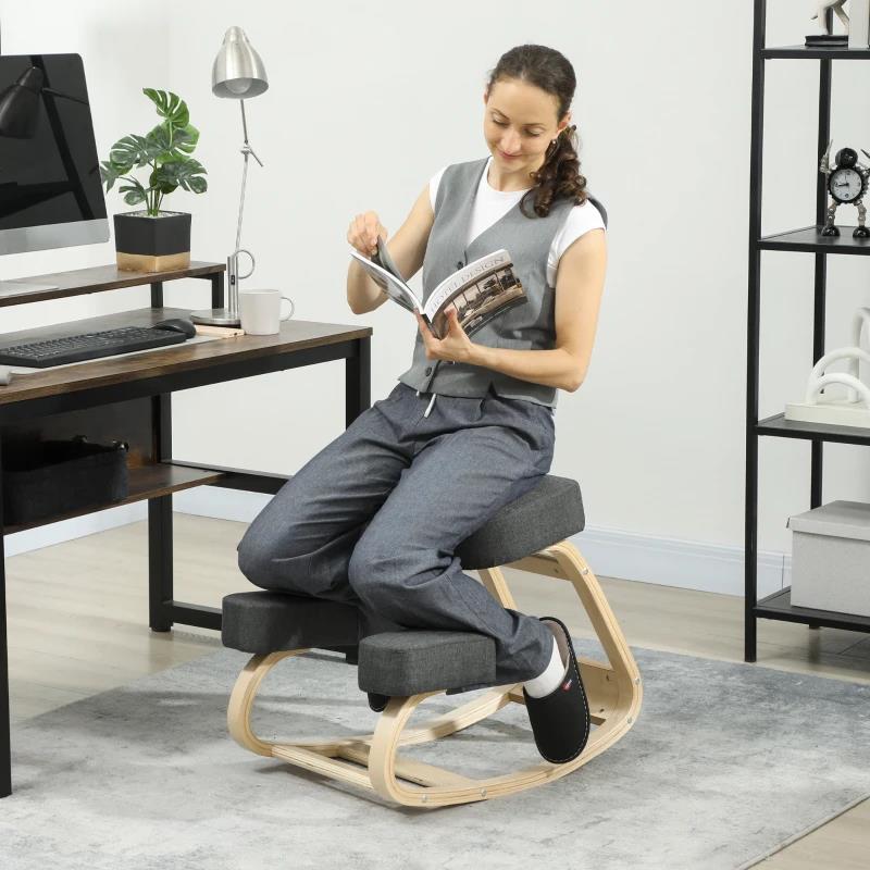 SEDIA ERGONOMICA CON INGINOCCHIATOIO IN LEGNO DI BETULLA E CUSCINO, 51X69X58 CM, GRIGIO
