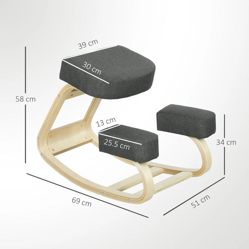SEDIA ERGONOMICA CON INGINOCCHIATOIO IN LEGNO DI BETULLA E CUSCINO, 51X69X58 CM, GRIGIO
