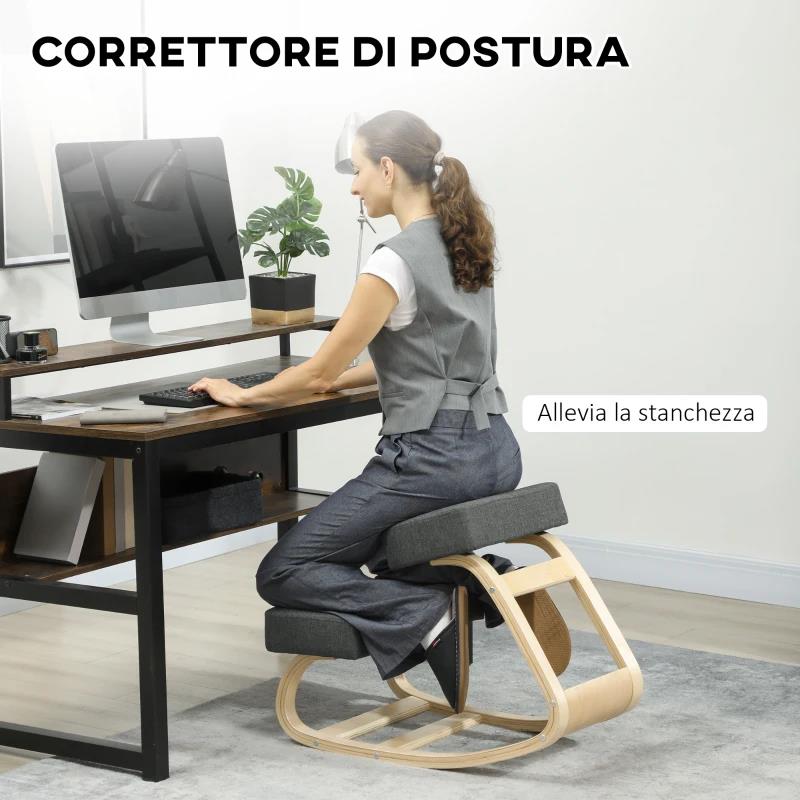 SEDIA ERGONOMICA CON INGINOCCHIATOIO IN LEGNO DI BETULLA E CUSCINO, 51X69X58 CM, GRIGIO