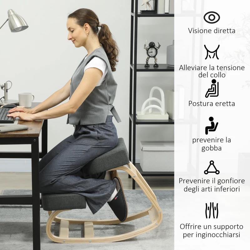 SEDIA ERGONOMICA CON INGINOCCHIATOIO IN LEGNO DI BETULLA E CUSCINO, 51X69X58 CM, GRIGIO