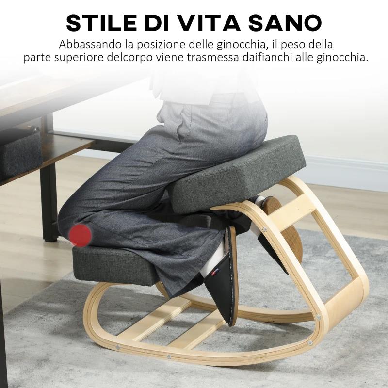 SEDIA ERGONOMICA CON INGINOCCHIATOIO IN LEGNO DI BETULLA E CUSCINO, 51X69X58 CM, GRIGIO