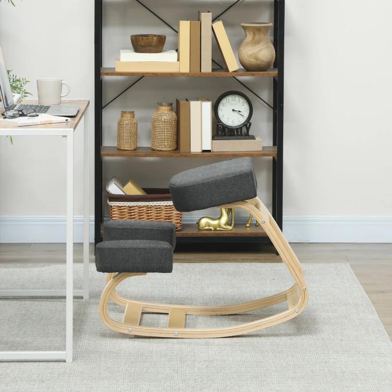 SEDIA ERGONOMICA CON INGINOCCHIATOIO IN LEGNO DI BETULLA E CUSCINO, 51X69X58 CM, GRIGIO